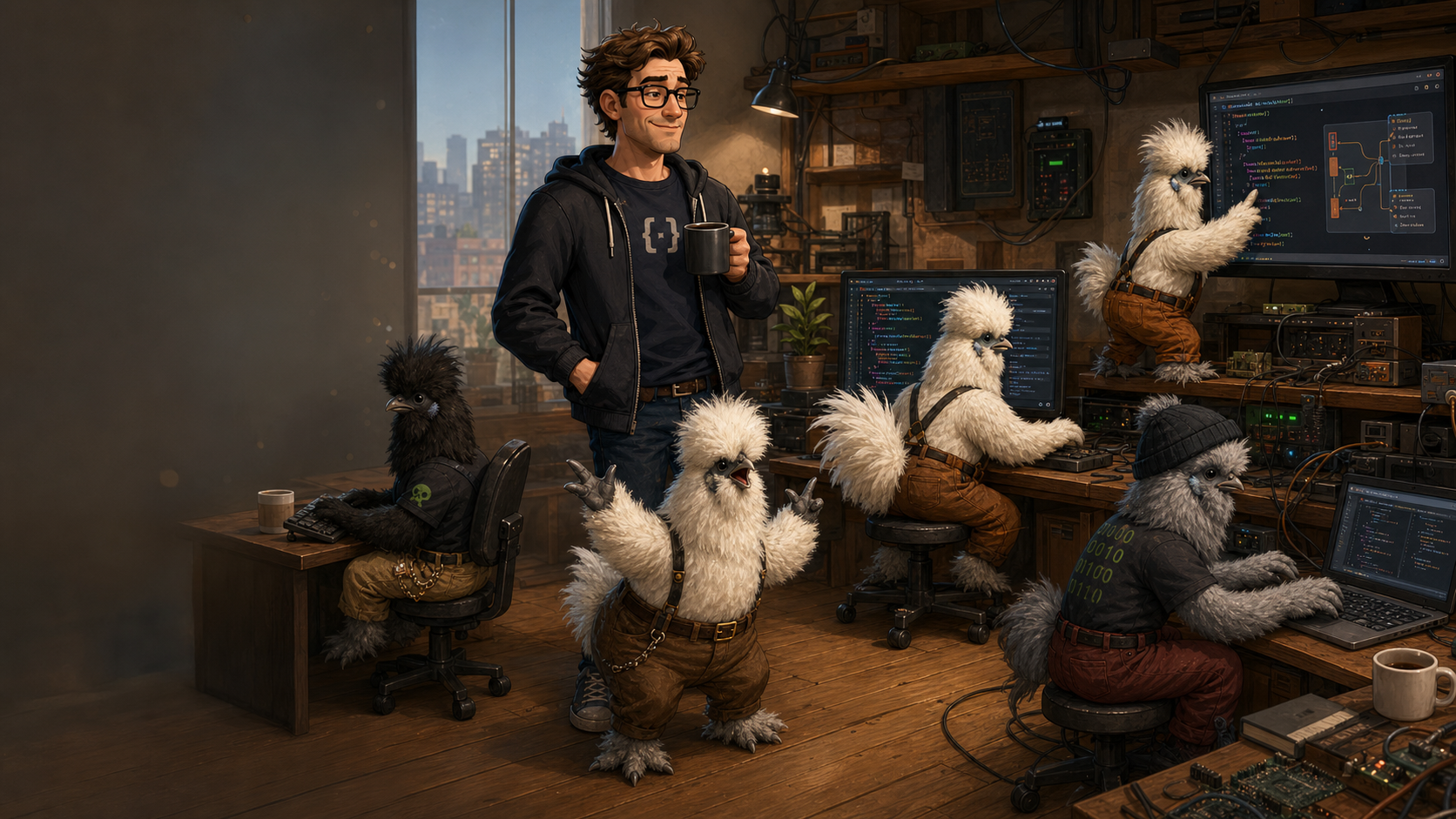 Adam DePrince in a software workshop with Silkie chickens wearing pants